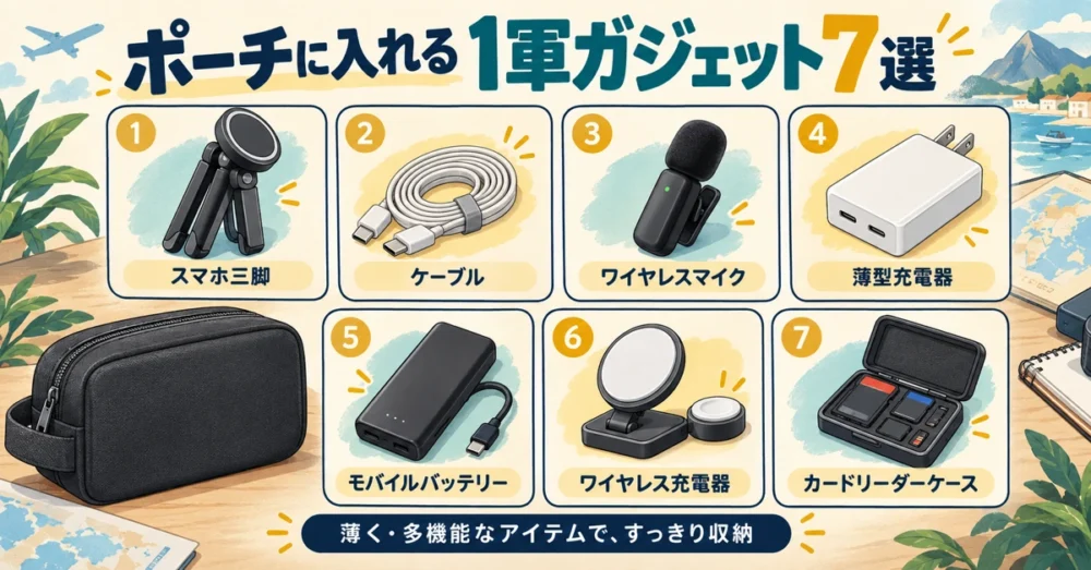 ポーチに入れる充電器やケーブルなど7点の一覧図