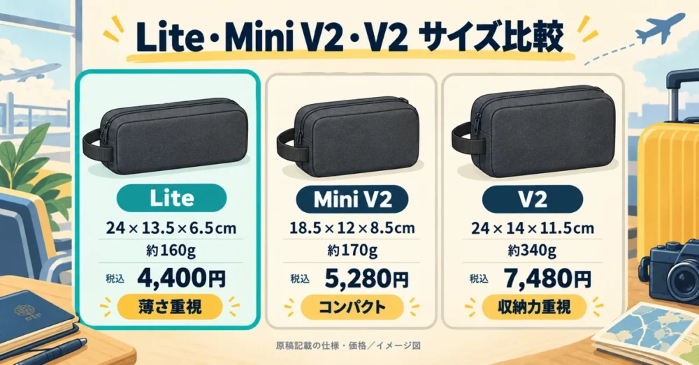 PGYTECHポーチLite・Mini V2・V2のサイズ比較