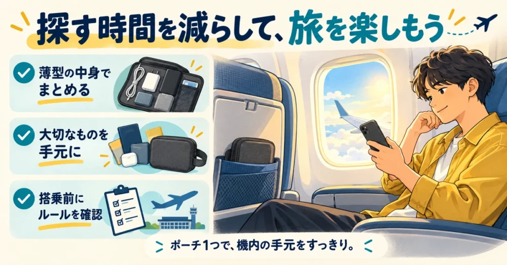 薄型ポーチを座席の手元にまとめて旅を楽しむ場面