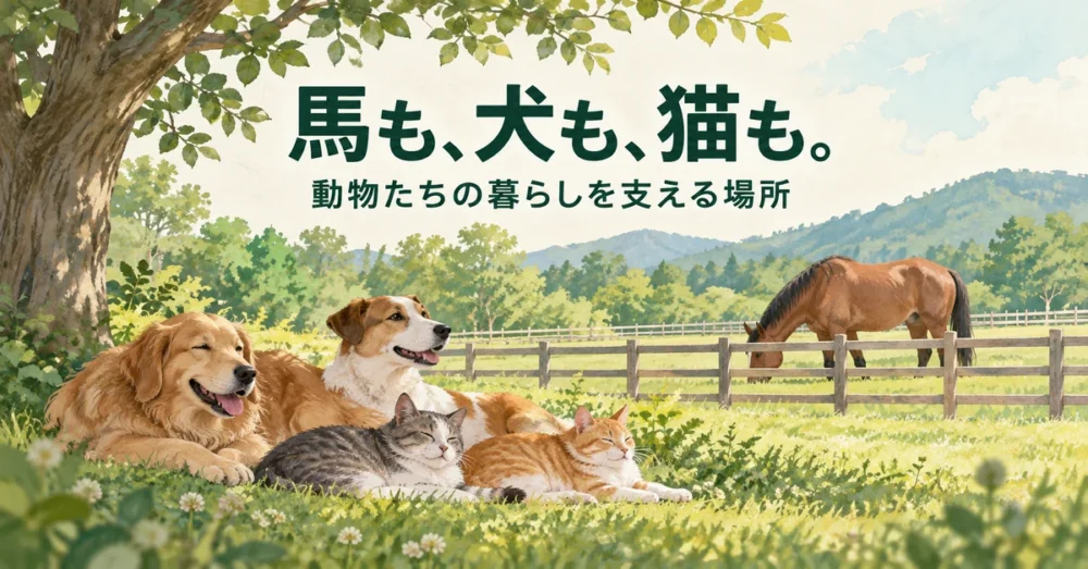 牧場の草原でくつろぐ保護犬と保護猫のイラスト