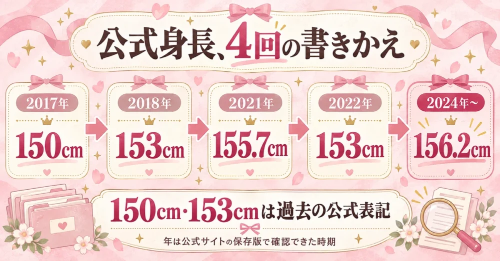 公式身長が150cmから156.2cmへ4回変わった年表