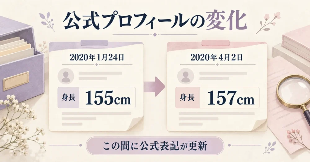 公式サイトの身長が2020年に155から157cmへ変化