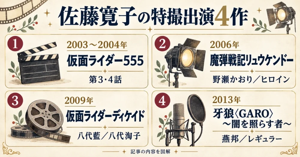 仮面ライダーなど特撮出演4作の年表