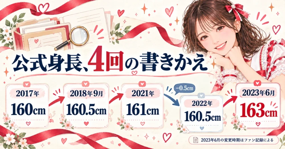 公式身長が160cmから163cmまで4回変わった年表