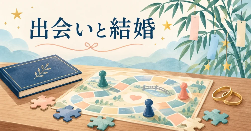 謎解きやボードゲームと七夕の結婚を表す図