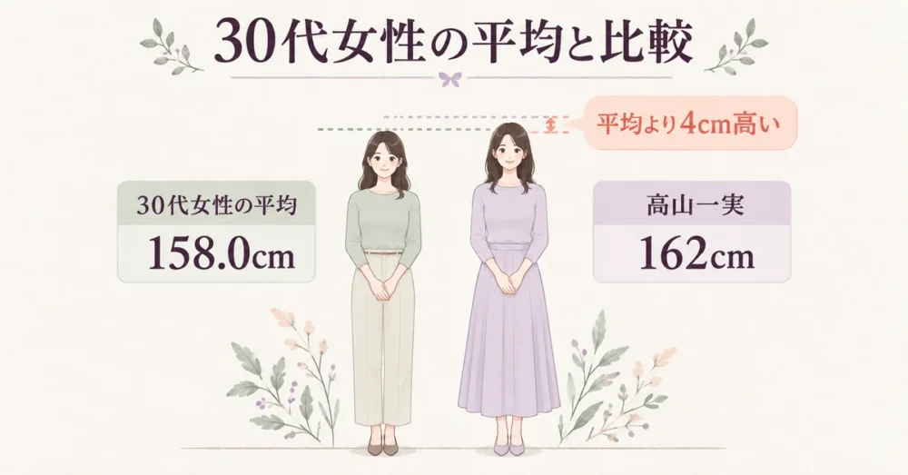 高山一実162cmと30代女性の平均158cmを比べる図