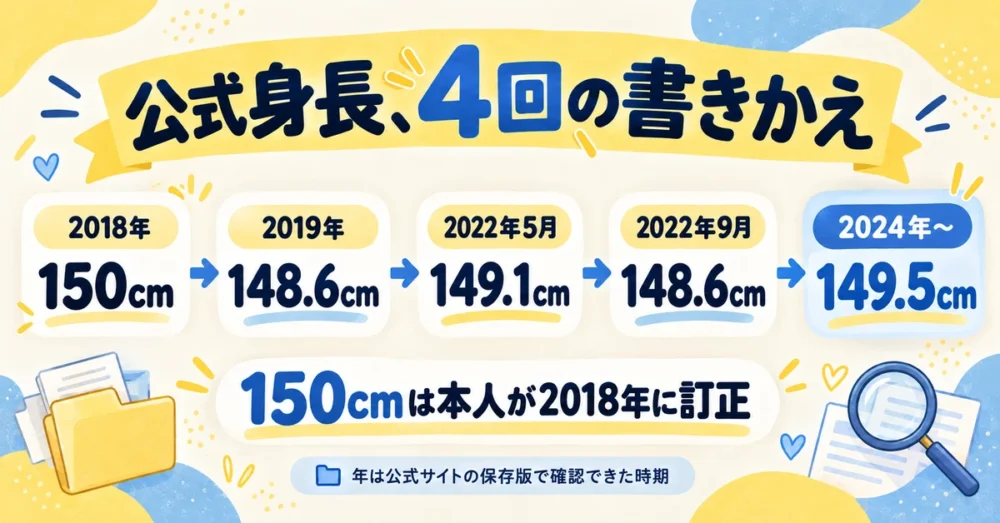 公式身長が150cmから149.5cmへ変わった年表